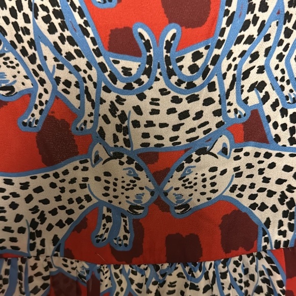 NWOT PARKER S
Reina Faux Wrap Midi Dress Animalia Blue Multi Print Leopard Cat - Picture 6 of 12